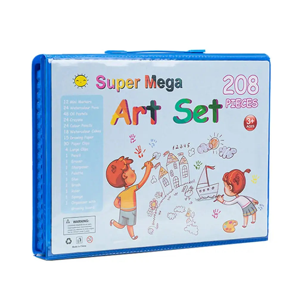 Bleu coffret dessin en plastique contenant un kit de dessin coffret feutre aquarelle de 208 pièces pour enfants 3+ ans