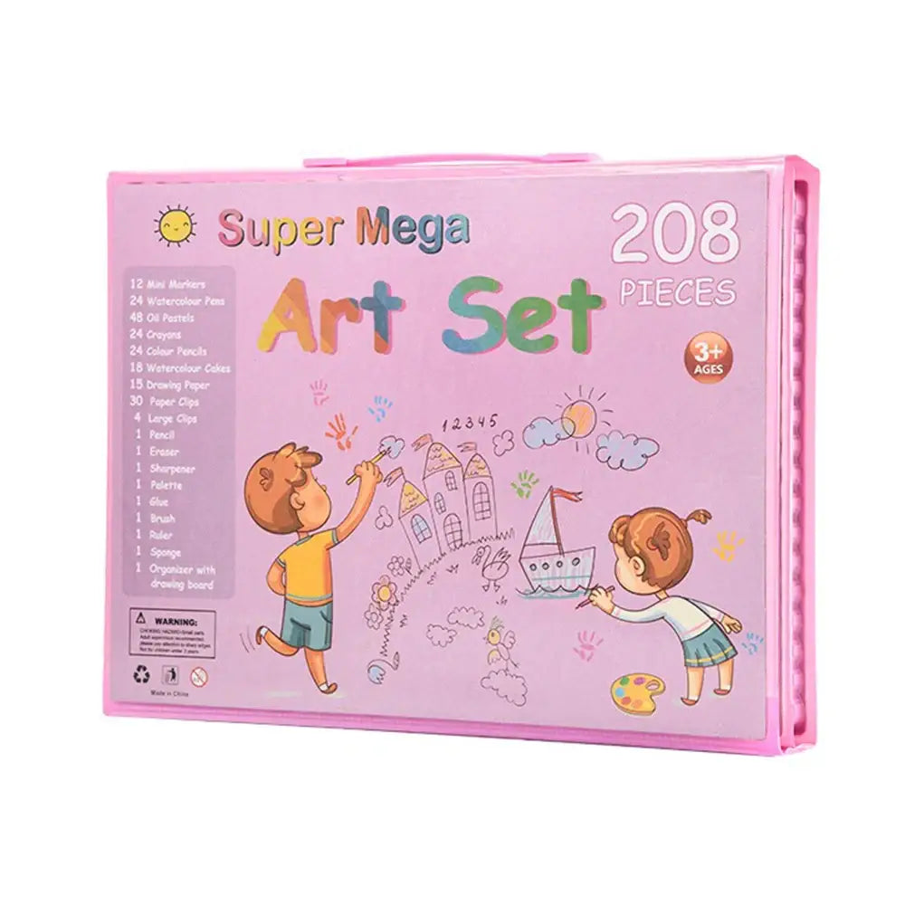 Coffret dessin en plastique rose contenant 208 pièces pour kit de dessin feutre aquarelle pour enfants dès 3 ans