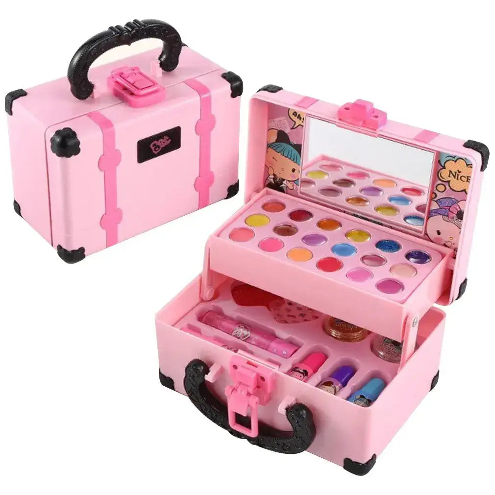 Coffret maquillage enfant non toxique en plastique rose avec poignées noires et maquillage coloré pour enfants