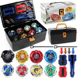 Coffret toupies combat beyblade en plastique noir avec poignée orange contenant toupies colorées idéal magasins de jouets