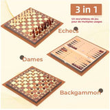 Jeu d’échecs bois magnétique 3 en 1 – Échecs, Dames & Backgammon