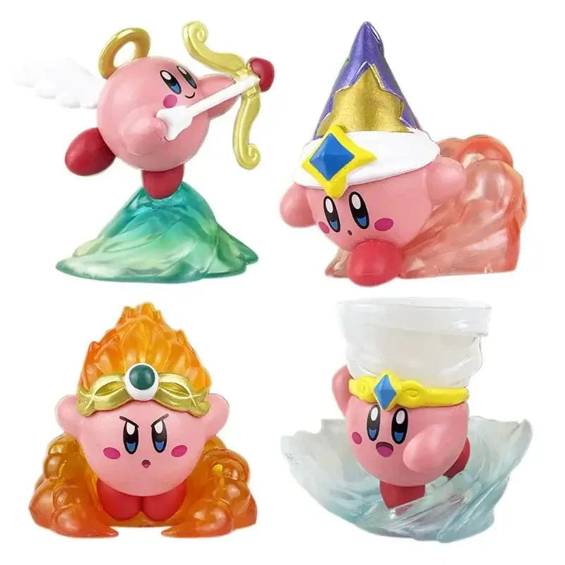 Collection 4 mini figurines kirby en rose avec costumes thématiques et bases translucides pour collectionneurs
