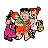 Pin émaillé coloré orange et bleu collection pin’s les pierrafeu avec personnages emblématiques fred wilma pebbles et dino
