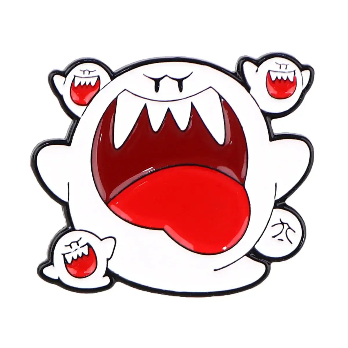 Pin enamel blanc et rouge représentant un boo cartoon avec trois petits boos style super mario world jeux vidéo rétro pin’s colorés