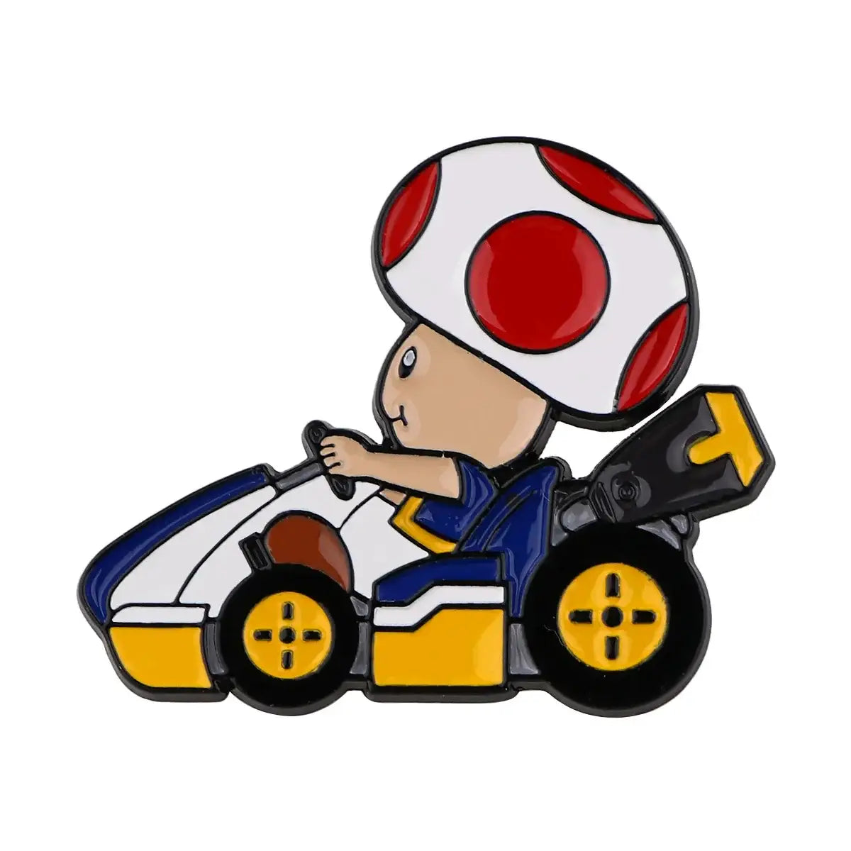 Un pin vibrant en émail de toad en combinaison bleue conduisant un kart blanc et jaune dans la collection pin’s super mario world jeux vidéo rétro pin’s colorés