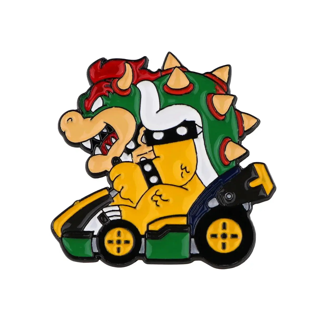Pin vibrant en émail super mario world avec bowser et kart jaune aux accents verts, design coloré pour jeux vidéo rétro