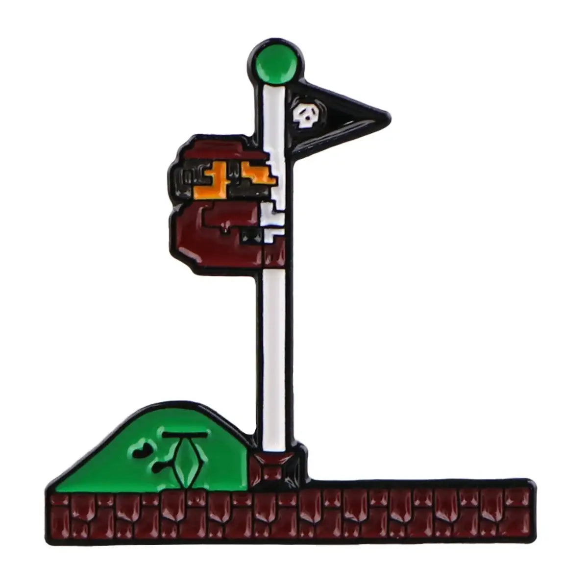 Pin enamel pixel art super mario world avec drapeau noir tête verte et emblème crâne pour collection jeux vidéo rétro pin’s colorés