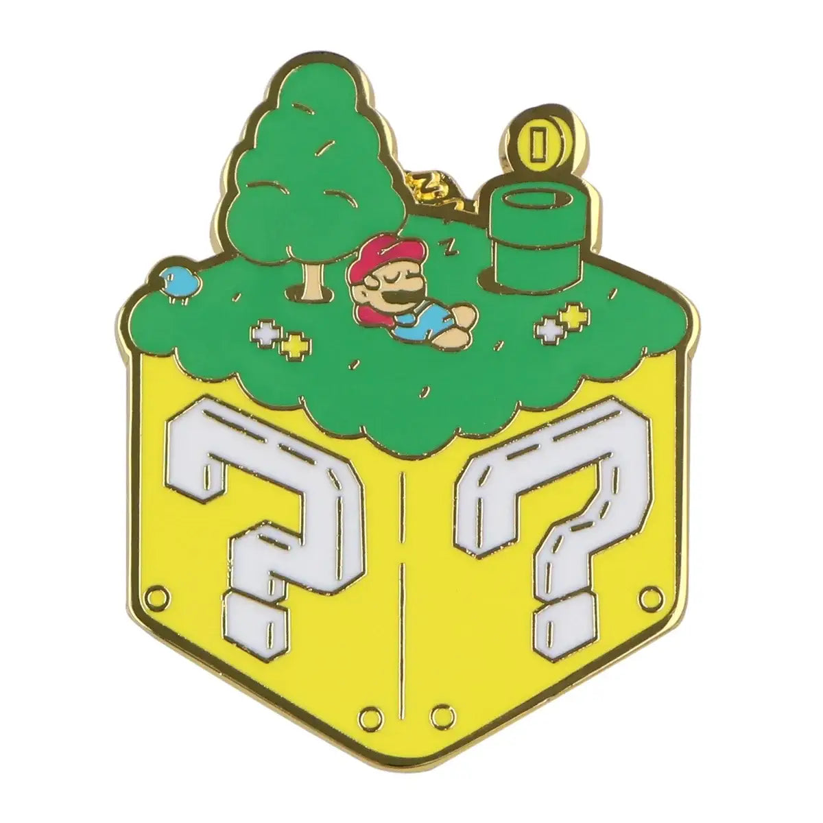 Pin super mario world jaune question mark avec mario dormant sur herbe verte et éléments jeux vidéo rétro colorés