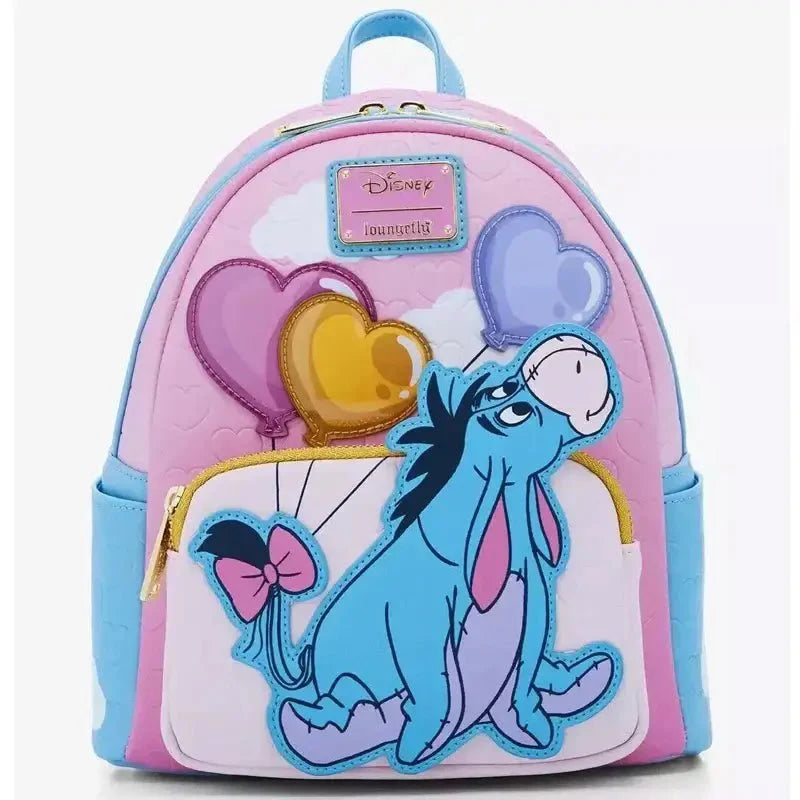 Sac à dos loungefly cuir disney rose et bleu clair avec eeyore et ballons cœur colorés collection sacs peter pan