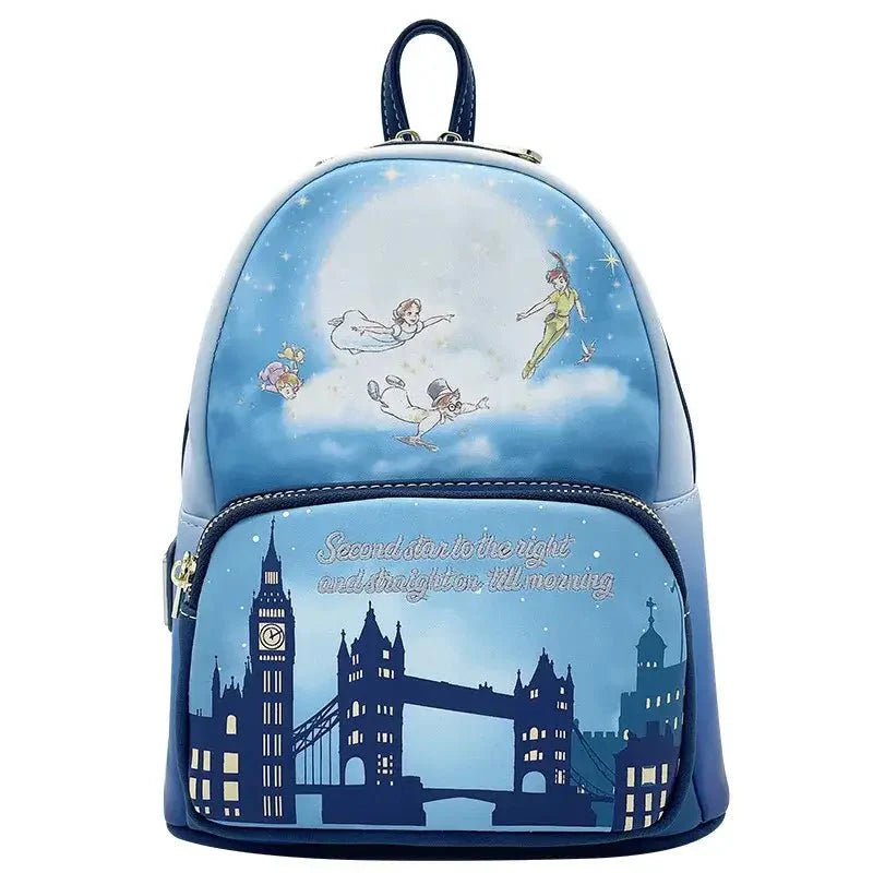 Sac à dos cuir disney bleu avec scène ciel peter pan volant au-dessus londres big ben collection sacs cuir disney