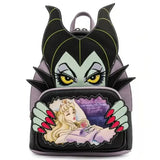Mini sac à dos cuir disney maléfique noir et violet avec ailes brodées et scène imprimée la belle au bois dormant collection sacs