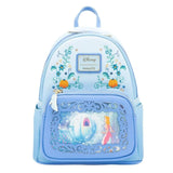 Mini sac à dos cuir disney cendrillon bleu clair avec broderies fleurs et citrouille et panneau transparent collection sacs