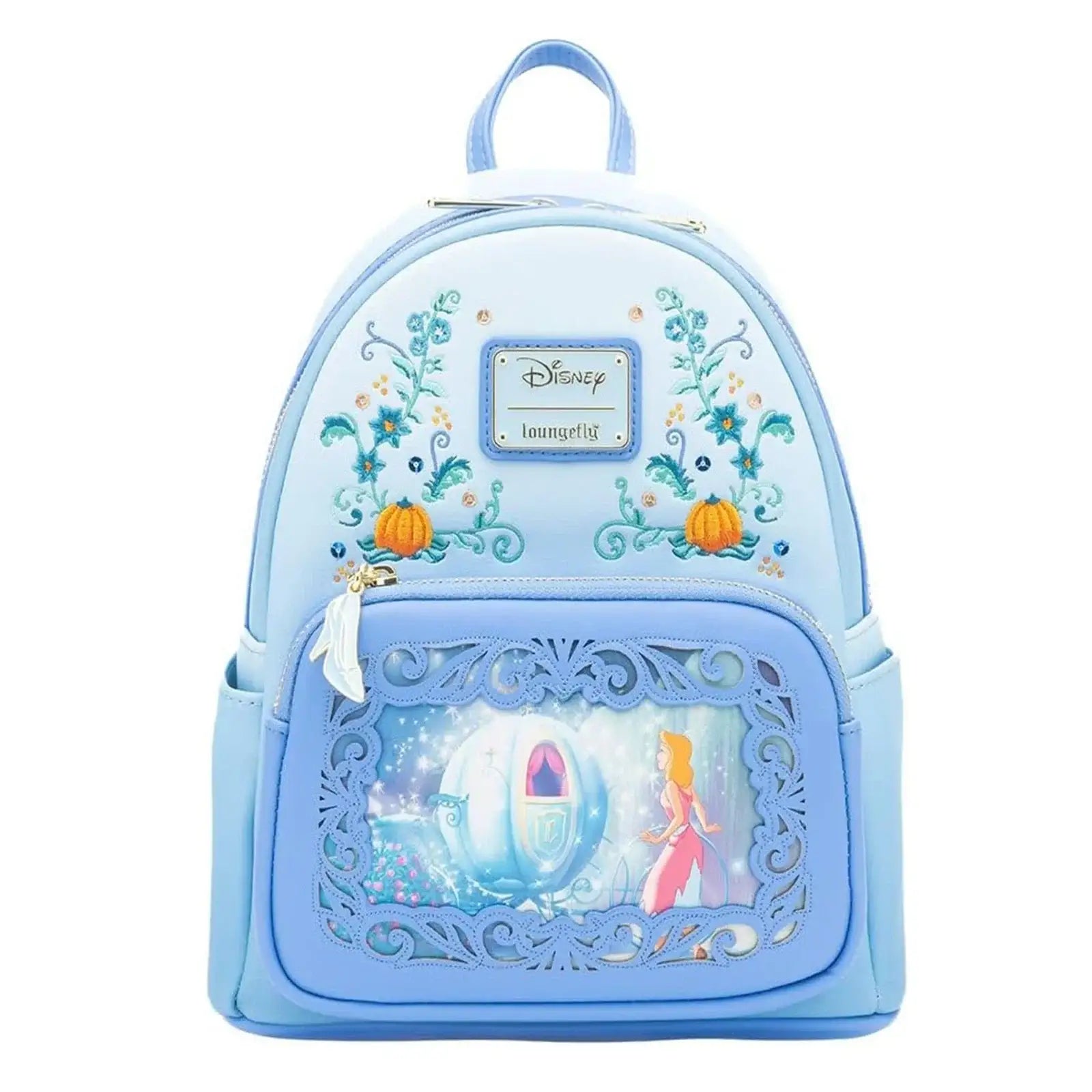 Mini sac à dos cuir disney cendrillon bleu clair avec broderies fleurs et citrouille et panneau transparent collection sacs