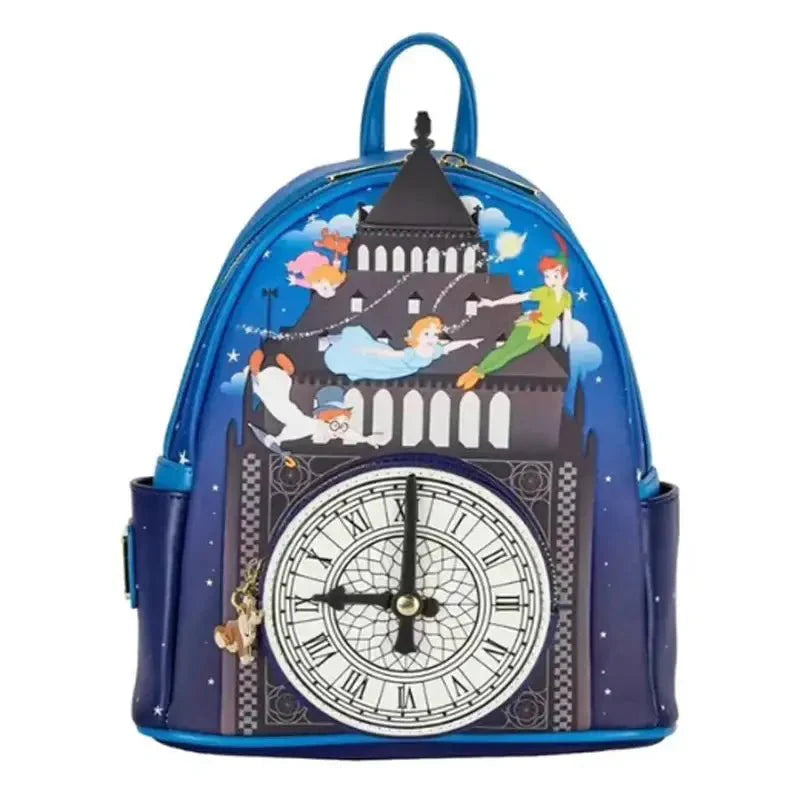 Sac à dos cuir disney bleu thème horloge avec illustration détaillée de peter pan et amis volant autour de Big Ben