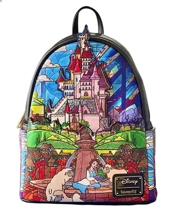 Sac à dos mini disney cuir avec design château la belle et la bête en vitrail, couleurs vives, plaque métallique collection sacs