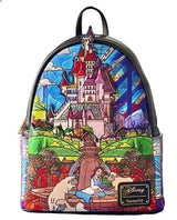 Sac à dos mini disney cuir avec design château la belle et la bête en vitrail, couleurs vives, plaque métallique collection sacs