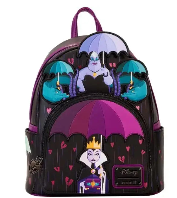 Sac à dos loungefly cuir disney noir et violet avec broderies de maléfique et ursula sous parapluies avec motifs cœur
