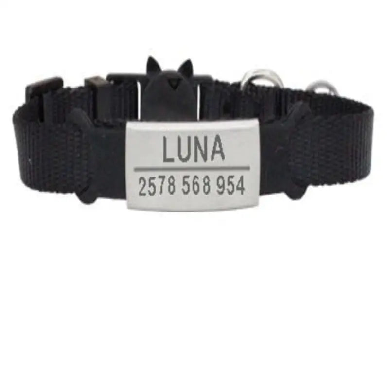 Collier à graver personnalisé pour chat noir avec plaque argentée gravée luna et numéro pour chat chère cliente