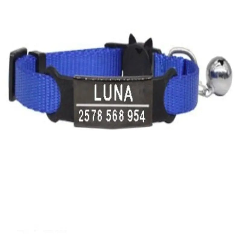 Collier à graver personnalisé pour chat en tissu bleu avec boucle noire, clochette argentée et plaque gravée luna