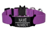 Collier à graver personnalisé pour chat en tissu violet avec boucle noire et pendentif chat et plaque nom gravée name et number