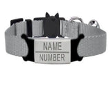 Collier à graver personnalisé pour chat gris en tissu tressé avec boucle noire et médaille argentée gravée nom numéro