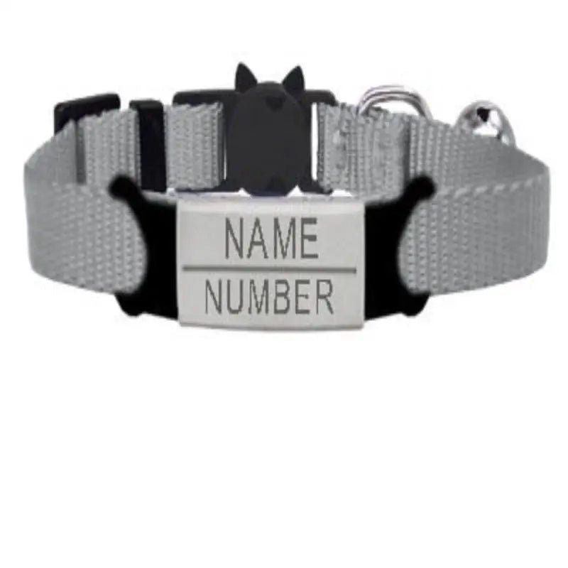 Collier à graver personnalisé pour chat gris en tissu tressé avec boucle noire et médaille argentée gravée nom numéro