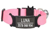 Collier à graver personnalisé rose pour chat avec boucle plastique noire et médaille gravée luna et numéro de téléphone