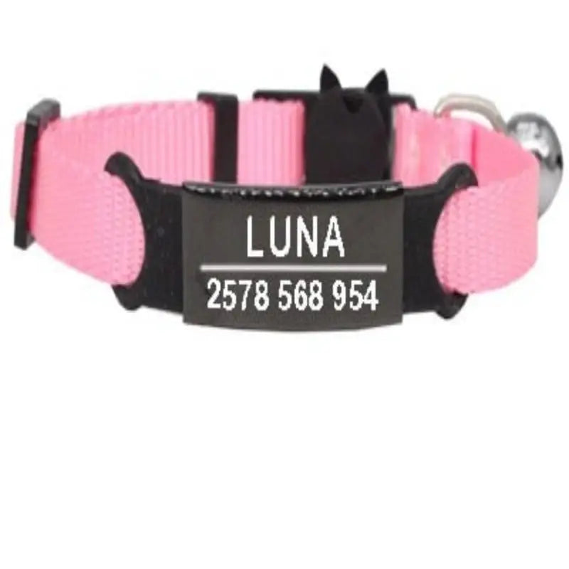 Collier à graver personnalisé rose pour chat avec boucle plastique noire et médaille gravée luna et numéro de téléphone