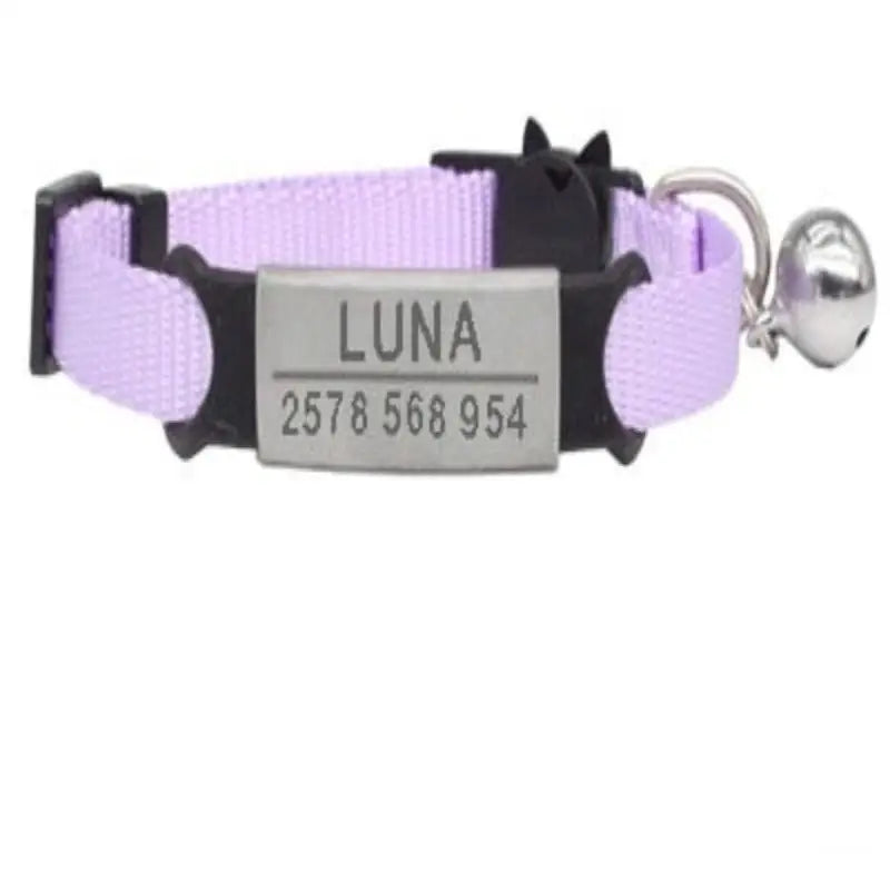 Collier à graver personnalisé pour chat avec boucle plastique noire, plaque argent gravée luna et numéro, clochette métallique
