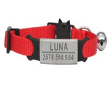 Collier à graver personnalisé pour chat en nylon rouge avec plaque gravée luna et numéro et clochette métallique