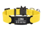 Collier à graver personnalisé en nylon jaune avec boucle noire et médaille gravée luna et numéro pour chat chère cliente
