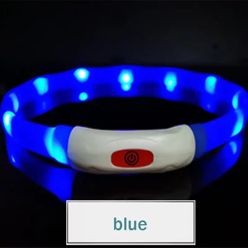 Collier chien led bleu avec bouton d’alimentation blanc et icône rouge collier led silicone rechargeable confortable à porter