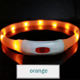 Collier chien led silicone rechargeable orange avec bouton power blanc et symbole rouge, confortables à porter