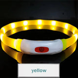 Collier chien led silicone rechargeable jaune avec bouton blanc et logo rouge confortable à porter
