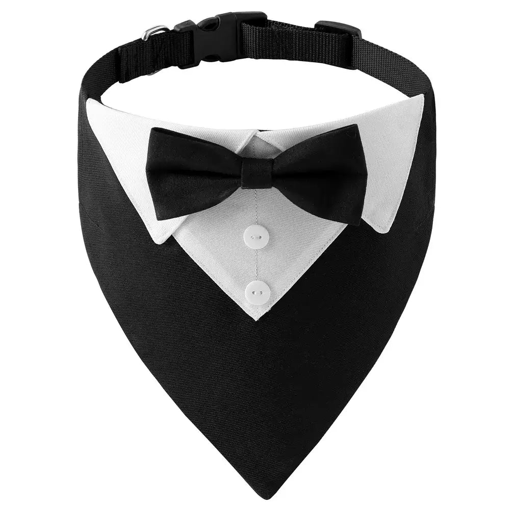 Collier costume noeud papillon pour chien noir et blanc style tuxedo avec noeud papillon, boutons et sangle réglable