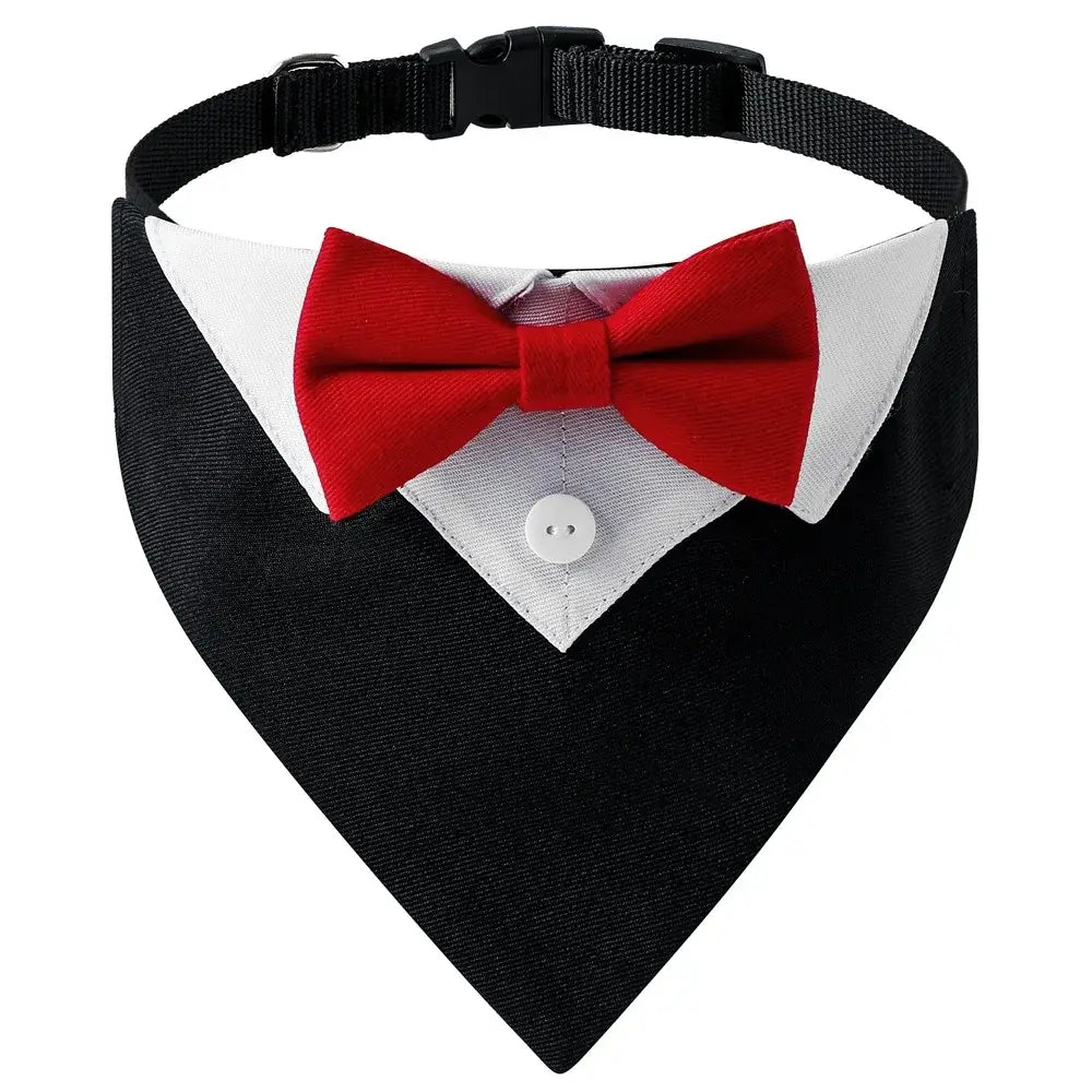 Collier costume noeud papillon pour chien en tissu noir avec col de smoking, devant blanc, noeud papillon rouge et bouton argenté
