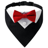 Collier costume noeud papillon pour chien en tissu noir avec col de smoking, devant blanc, noeud papillon rouge et bouton argenté