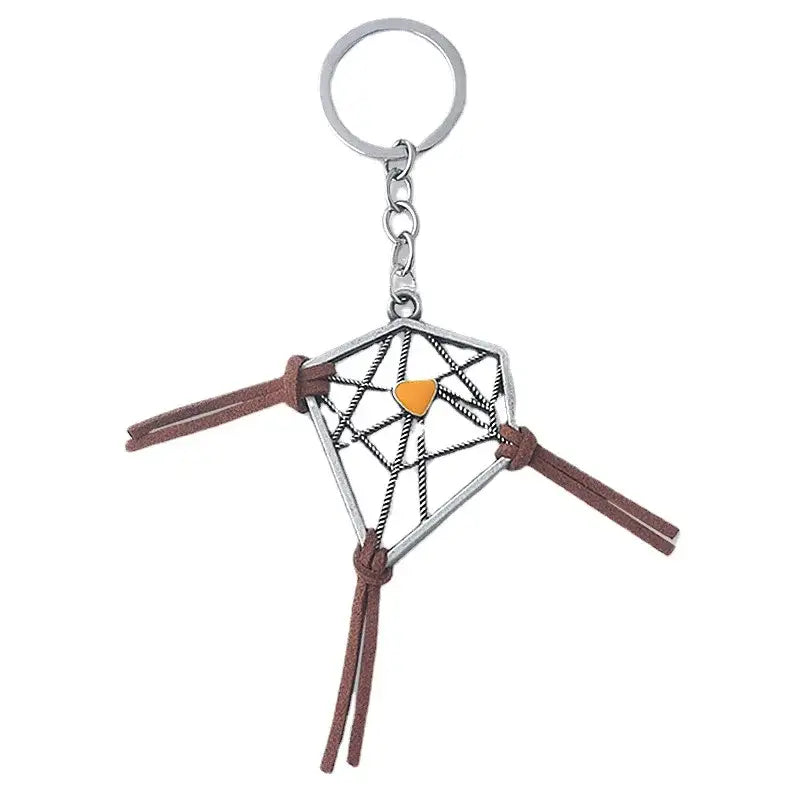 Collier attrape-rêves inspiré death stranding avec porte-clés argenté cadre géométrique tissage noir et pampilles cuir marron