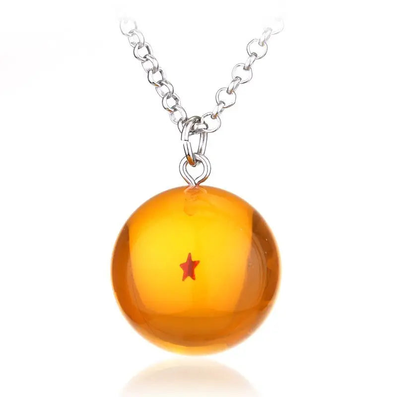 Collier pendentif anime dragon ball z avec pendentif sphérique translucide orange et étoile rouge suspendu à une chaîne argentée