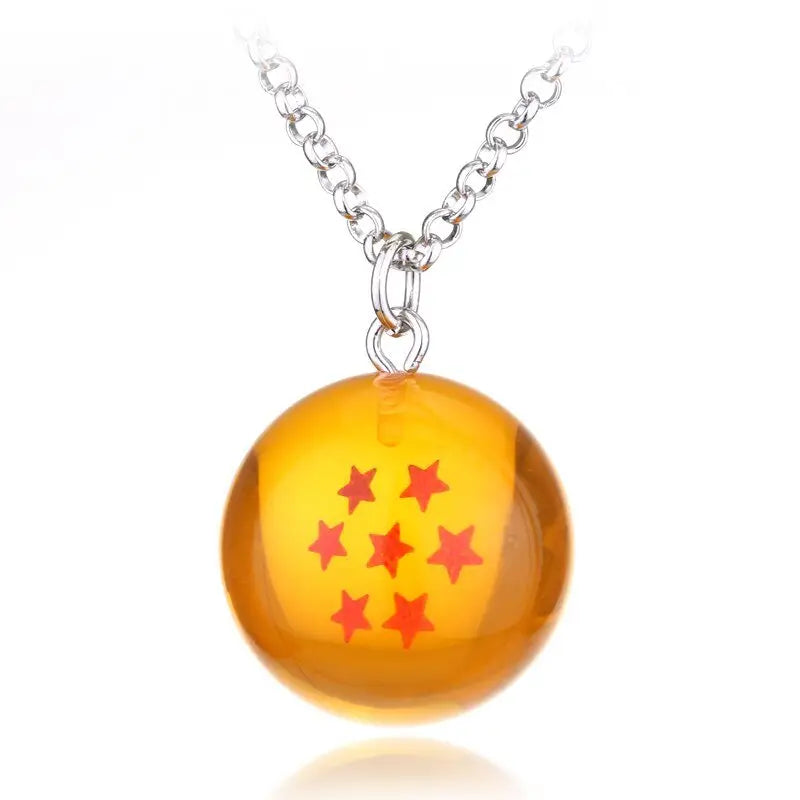 Collier pendentif dragon ball orange translucide avec neuf étoiles rouges suspendu à une chaîne en argent