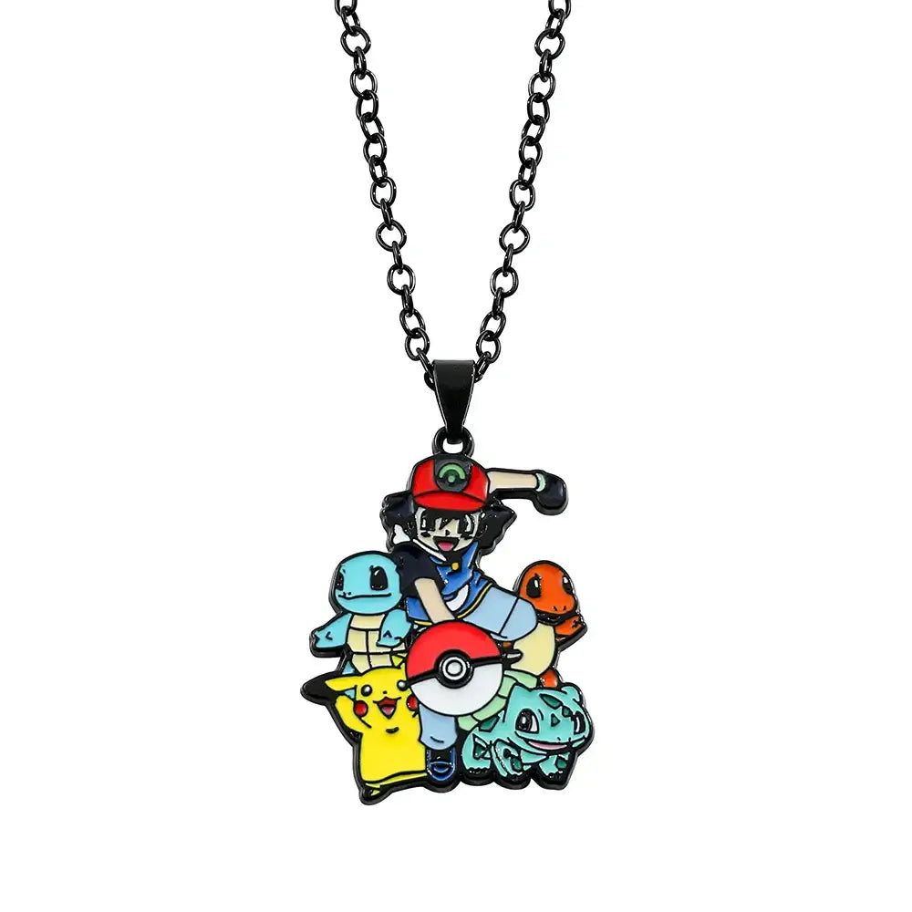 Collier pendentif pokémon noir avec pendentif émaillé coloré représentant Ash Ketchum et cinq personnages pokémon