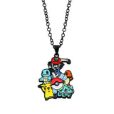 Collier pendentif pokémon noir avec pendentif émaillé coloré représentant Ash Ketchum et cinq personnages pokémon