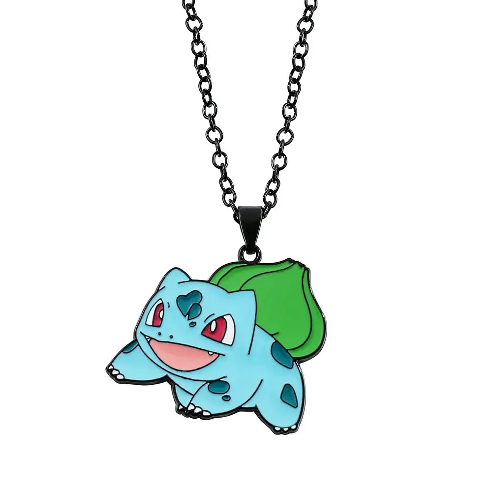 Collier pendentif pokémon bulbasaur en émail bleu clair et vert sur chaîne noire bijoux pokémon élégant