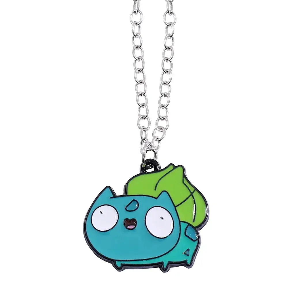 Collier pendentif pokémon turquoise et vert en émail avec un design bulbasaur mignon en style cartoon