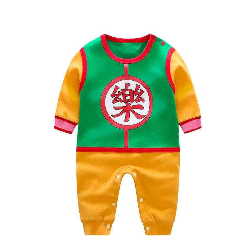 Combinaison bébé chaozu dragon ball verte et jaune à manches longues avec écusson chinois rouge idéale pour déguisement carnaval et magasins de jouets