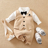 Combinaison bébé costume élégante beige avec chemise blanche à col et nœud papillon noir pour costume mariage
