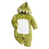 Combinaison bébé dinosaure hiver en polyester doux olive avec motif dinosaure et patch blanc brodé sur le ventre