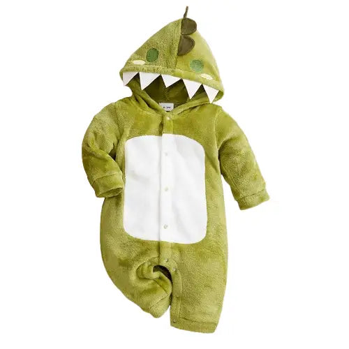 Combinaison bébé dinosaure hiver en polyester doux olive avec motif dinosaure et patch blanc brodé sur le ventre