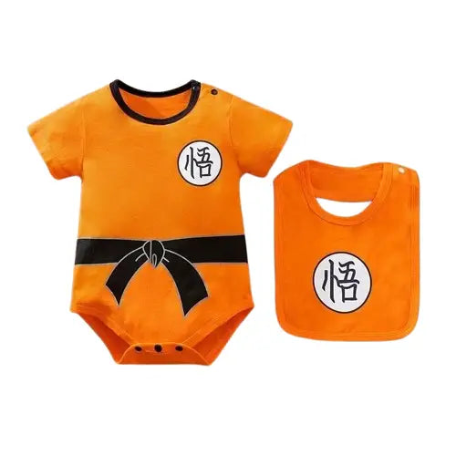 Combinaison bébé dragon orange avec bande noire et ceinture imprimée avec le caractère 悟 pour petits guerriers bébé dragon ball