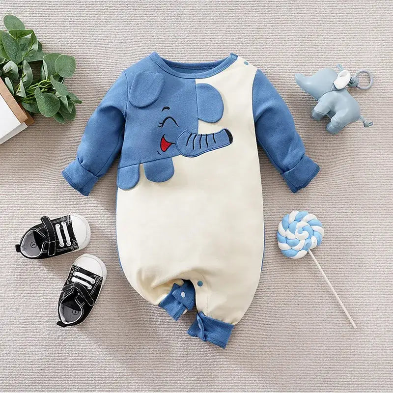 Combinaison bébé éléphant en coton doux bleu et crème avec design attendrissant et manches longues